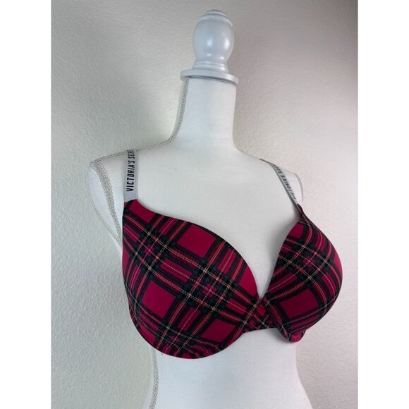 Victoria's Secret 36DD red plaid push up t-shirt bra logo strap underwire - Picture 2 of 6